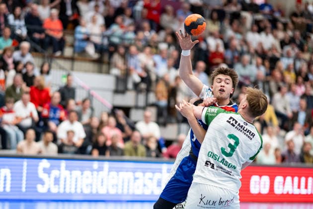 Elias Huber HBW Balingen Weilstetten, 07 , against Tjoervi T r Gislason HC Oppenweiler Backnang, 03 , HBW Balingen Weilstetten vs HC Oppenweiler Backnang, Handball, 2 Bundesliga, Matchday 26, Season 2025 2026, 05 04 2026, Eibner Pressefoto Andreas Ulmer HBW Balingen Weilstetten vs HC Oppenweiler Backnang, Handball, 2 Bundesliga, Matchday 26, Season 2025 2026, 05 04 2026, Balingen Copyright: xEibner-Pressefoto AndreasxUlmerx EP_AUR