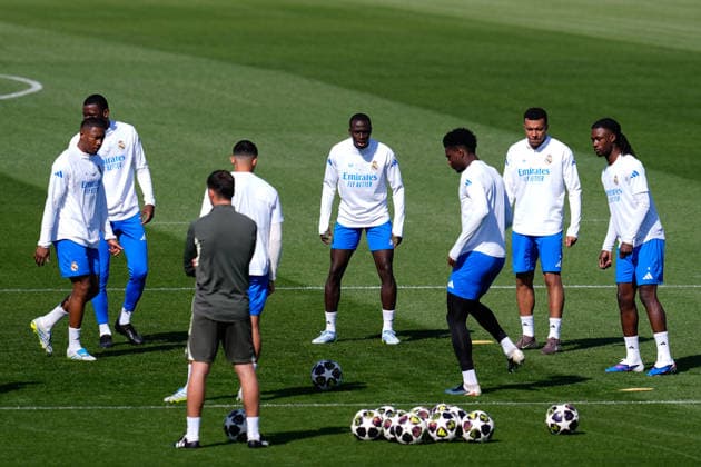 April 6, 2026, Madrid, Madrid, Spain: Ferland Mendy, Kylian Mbappe, Eduardo Camavinga and David Alaba during the training day of Real Madrid ahead the UEFA Champions League 2025 26, Quarter-finals First Leg, football match against FC Bayern Munich at Ciudad Deportiva Real Madrid on April 06, 2026, in Valdebebas, Madrid, Spain. Madrid Spain - ZUMAa181 20260406_zaa_a181_024 Copyright: xDennisxAgyemanx