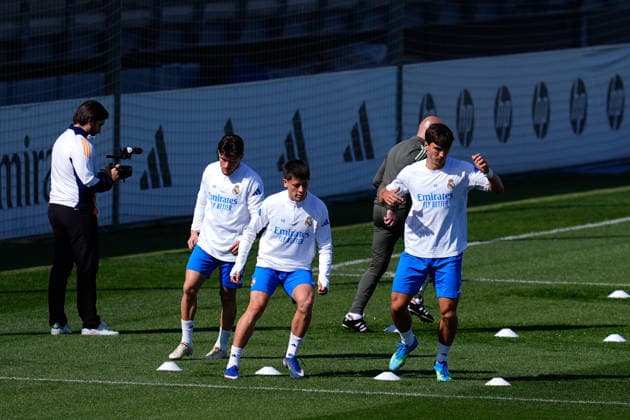 April 6, 2026, Madrid, Madrid, Spain: Gonzalo Garcia, Arda Guler and Fran Garcia during the training day of Real Madrid ahead the UEFA Champions League 2025 26, Quarter-finals First Leg, football match against FC Bayern Munich at Ciudad Deportiva Real Madrid on April 06, 2026, in Valdebebas, Madrid, Spain. Madrid Spain - ZUMAa181 20260406_zaa_a181_043 Copyright: xDennisxAgyemanx