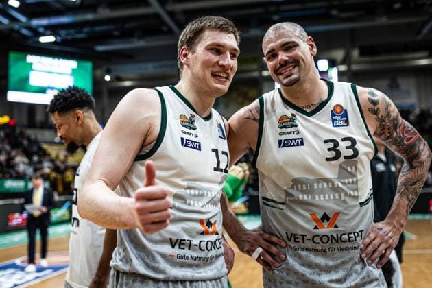 Marten Linssen Gladiators Trier and Maik Zirbes Gladiators Trier , Vet Concept Gladiators Trier vs MHP Riesen Ludwigsburg, Basketball, easyCredit BBL, Matchday 28, Season 2025 2026, 06 04 2026 Vet Concept Gladiators Trier vs MHP Riesen Ludwigsburg, Basketball, easyCredit BBL, Matchday 28, Season 2025 2026, 06 04 2026 Copyright: xEibner-Pressefoto AlexanderxNeisx EP_ANS