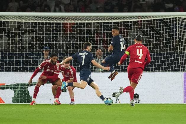 Khvicha Kvaratskhelia of PSG puts his side 2-0 ahead after a mazy run Paris Saint-Germain v Liverpool, UEFA Champions League, Quarter Final, First Leg, Football, Parc des Princes, Paris, France - 08 Apr 2026Paris Parc des Princes France EDITORIAL USE ONLY No use with unauthorised audio, video, data, fixture lists, club league logos or live services. Online in-match use limited to 120 images, no video emulation. No use in betting, games or single club league player publications. Copyright: xDavexWinter Shutterstockx 16811861cj