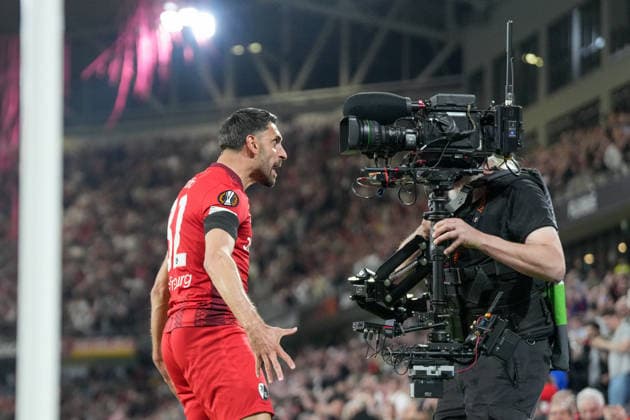 Vincenzo Grifo SC Freiburg, 32 goal celebration, emotions, goal shot, finish, goal success, goal, goal , Germany, football, UEFA Europa League, quarter-final, first leg, 2025 2026, SC Freiburg vs RC Celta de Vigo, 09 04 2026, Europa Park Stadion, Freiburg, Germany Freiburg Europa Park Stadion Baden Württemberg Germany Copyright: xArnexAmbergx