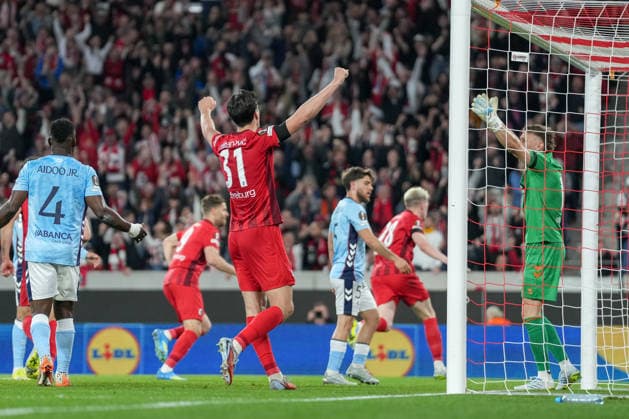 Igor Matanovic SC Freiburg, 31 goal celebration, emotions, goal shot, finish, goal success, goal, goal , Germany, football, UEFA Europa League, quarter-final, first leg, 2025 2026, SC Freiburg vs RC Celta de Vigo, 09 04 2026, Europa Park Stadion, Freiburg, Germany Freiburg Europa Park Stadion Baden Württemberg Germany Copyright: xArnexAmbergx