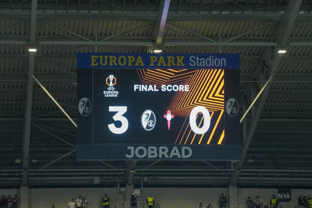Final score, Videowall , Germany, Football, UEFA Europa League, Quarter-final, First leg, 2025 2026, SC Freiburg vs RC Celta de Vigo, 09 04 2026, Europa Park Stadion, Freiburg, Germany Freiburg Europa Park Stadion Baden Württemberg Germany Copyright: xArnexAmbergx