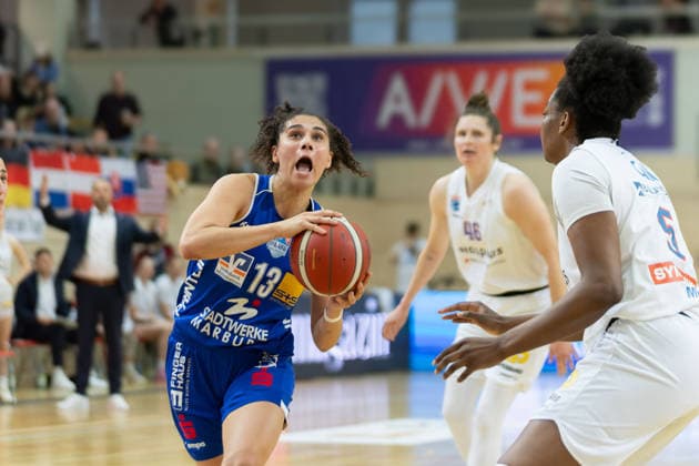 Sara Guerreiro Marburg, 13 , Romy Bär Lions, 46 , Khalis Cain Lions, 5 , Syntainics MBC vs BC Marburg, Women, Basketball, 1 Bundesliga, DBBL, Playoff Semifinal 2 5, Season 2025 26, 13 04 2026 Halle SWH Arena Sachsen Anhalt Germany