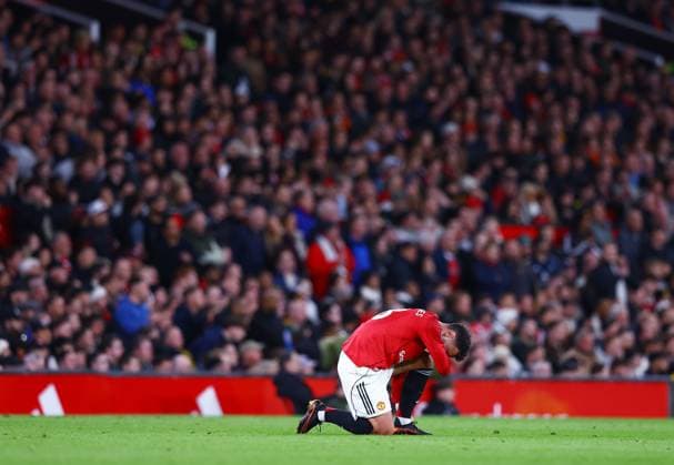 Bruno Fernandes of Manchester United, ManU appears to be injured as Leeds United score their second goal 0-2 Manchester United v Leeds United, Premier League, Football, Old Trafford, Manchester, UK - 13 Apr 2026Manchester Old Trafford United Kingdom EDITORIAL USE ONLY No use with unauthorised audio, video, data, fixture lists, club league logos or live services. Online in-match use limited to 120 images, no video emulation. No use in betting, games or single club league player publications. Copyright: xMattxWest Shutterstockx 16827177w
