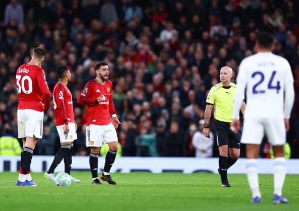 Bruno Fernandes of Manchester United, ManU reacts towards referee Paul Tierney Manchester United v Leeds United, Premier League, Football, Old Trafford, Manchester, UK - 13 Apr 2026Manchester Old Trafford United Kingdom EDITORIAL USE ONLY No use with unauthorised audio, video, data, fixture lists, club league logos or live services. Online in-match use limited to 120 images, no video emulation. No use in betting, games or single club league player publications. Copyright: xMattxWest Shutterstockx 16827177ae