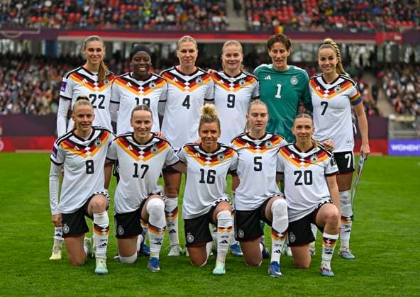 14 04 2026, World Cup Qualification Europe, Women 2026, Matchday 3, Germany Austria, at Max Morlock Stadium Nuremberg, Team photo Front row from left Vivien Endmann Germany , Franziska Kett Germany , Linda Dallmann Germany , Janina Minge Germany and Elisa Senß Germany Back row from left Jule Brand Germany , Nicole Anyomi Germany , Rebecca Knaak Germany , Sjoeke Nüsken Germany , Goalkeeper Ann Katrin Berger Germany and Giulia Gwinn Germany