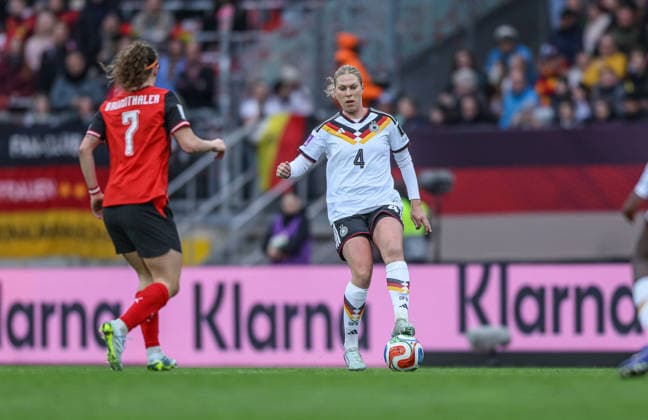 GER, Nuremberg, Germany vs Austria, International match, Football, FIFA, 2026 2027 season, World Cup Qualification, Max Morlock Stadium, 3 Matchday in picture f l Melanie Brunnthaler Austria 7 , Rebecca Knaak Germany Women 4 DFB DFL REGULATIONS PROHIBIT ANY USE OF PHOTOGRAPHS AS IMAGE SEQUENCES AND OR QUASI VIDEO, 14 04 2026 Copyright: HMBxMedia HendrikxHamelau
