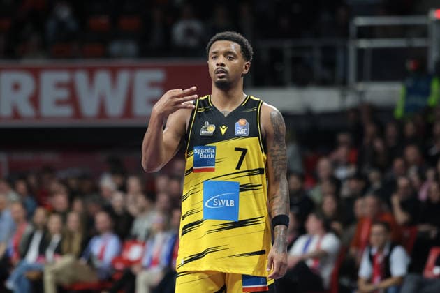 Elijah Hughes MHP Riesen Ludwigsburg, 07 gestures, GER, FC Bayern Basketball vs MHP Riesen Ludwigsburg, Basketball, easycredit Basketball Bundesliga, Matchday 13, Season 2025 2026, 14 04 2026, GER, FC Bayern Basketball vs MHP Riesen Ludwigsburg, Basketball, easycredit Basketball Bundesliga, Matchday 13, Season 2025 2026, 14 04 2026 Muenchen Copyright: xEibner-Pressefoto JennixMaulx EP_JML