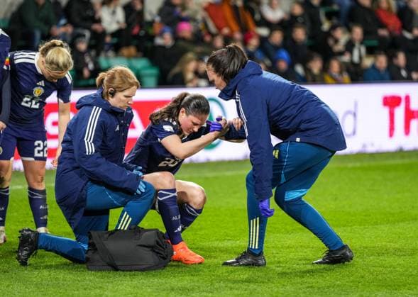 Emma Lawton of Scotland Women injury. Scotland Women v Belgium Women, FIFA 2027 Women s World Cup Qualifying, Football, Easter Road, Edinburgh, UK - 14 Apr 2026Edinburgh Easter Road United Kingdom EDITORIAL USE ONLY No use with unauthorised audio, video, data, fixture lists, club league logos or live services. Online in-match use limited to 120 images, no video emulation. No use in betting, games or single club league player publications. Copyright: xStuartxWallace Shutterstockx 16828526ao