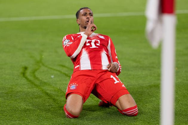 GER, Bavaria, Munich, Fussball, FC Bayern Munich - Real Madrid CF, at the Allianz Arena, Munich, Champions League, Quarter finals, second leg, April 15, 2026, from left: Michael Akpovie Olise (FC Bayern Muenchen, 17), Torjubel, Freude, Emotionen, Jubel, Feiern, Goal Scored, Celebrate, goal celebration, joy, emotions, celebration, cheering, goal scored, celebrate UEFA regulations prohibit any use of photographs as image sequences and or quasi-video, Munich Allianz Arena Bavaria Germany Copyright: xMichaelxNibelx