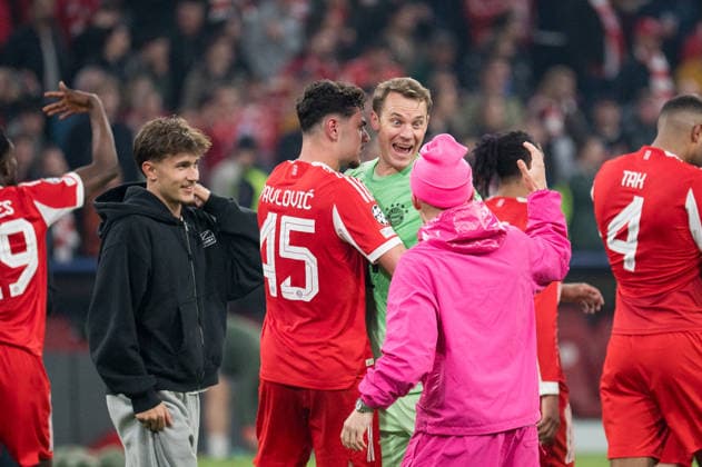 GER, Bavaria, Munich, Fussball, FC Bayern Munich - Real Madrid CF, at the Allianz Arena, Munich, Champions League, Quarter finals, second leg, April 15, 2026, from left: Tom Bischof (FC Bayern Muenchen, 20), Aleksandar Pavlovic (FC Bayern Muenchen, 45), Manuel Neuer (FC Bayern Muenchen, 1), Lennart Karl (FC Bayern Muenchen, 42), Jonathan Tah (FC Bayern Muenchen, 4), Freude, Emotionen, Jubel, Feiern, Goal Scored, Celebrate, goal celebration, joy, emotions, celebration, cheering, goal scored, celebrate UEFA regulations prohibit any use of photographs as image sequences and or quasi-video, Munich Allianz Arena Bavaria Germany Copyright: xMichaelxNibelx