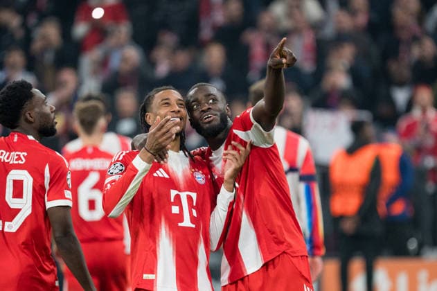 GER, Bavaria, Munich, Fussball, FC Bayern Munich - Real Madrid CF, at the Allianz Arena, Munich, Champions League, Quarter finals, second leg, April 15, 2026, from left: Michael Akpovie Olise (FC Bayern Muenchen, 17), Dayot Upamecano (FC Bayern Muenchen, 2), Freude, Emotionen, Jubel, Feiern, Goal Scored, Celebrate, goal celebration, joy, emotions, celebration, cheering, goal scored, celebrate UEFA regulations prohibit any use of photographs as image sequences and or quasi-video, Munich Allianz Arena Bavaria Germany Copyright: xMichaelxNibelx