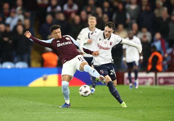 Jadon Sancho of Aston Villa and Nadir Zortea of Bologna Aston Villa v Bologna, UEFA Europa League, Quarter Final, Second Leg, Football, Villa Park, Birmingham, UK - 16 Apr 2026Birmingham Villa Park United Kingdom EDITORIAL USE ONLY No use with unauthorised audio, video, data, fixture lists, club league logos or live services. Online in-match use limited to 120 images, no video emulation. No use in betting, games or single club league player publications. Copyright: xRyanxBrowne Shutterstockx 16828672ct