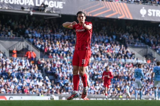 Spain, football, UEFA Europa League, quarter-final, second leg, 2025 2026, RC Celta de Vigo vs SC Freiburg, 16 04 2026, Estadio Balaidos, Vigo, Igor Matanovic SC Freiburg, 31 , goal celebration, emotions, goal shot, goal, goal success, goal, goal Vigo Estadio Balaidos Galicia, Pontevedra Spain Copyright: xArnexAmbergx