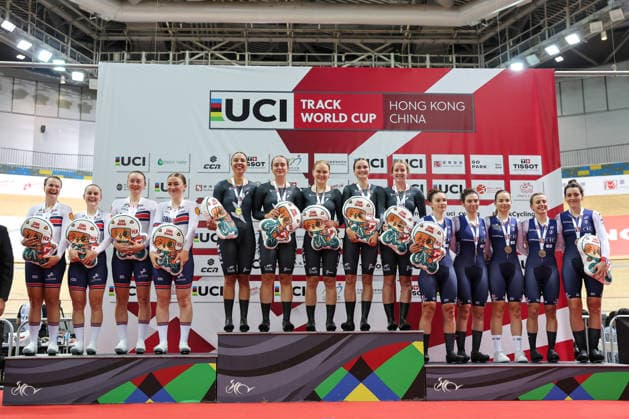 UCI Track World Cup: Hong Kong Picture by Alex Whitehead SWpix.com - 17 04 2026 - Cycling - UCI Track World Cup: Hong Kong - Hong Kong Velodrome, Tseung Kwan O, Hong Kong, China - Women™s Team Pursuit- Podium - Bryony Botha (New Zealand), Prudence Fowler (New Zealand), Emily Shearman (New Zealand), Ally Marà e Wollaston (New Zealand), Samantha Donnelly (New Zealand) receiving the Gold Medal, Jessica Roberts (Great Britain), Megan Barker (Great Britain), Madelaine Leech (Great Britain), Erin Boothman (Great Britain) receiving the Silver Medal and Marion Borras (France), Clà mence Chereau (France), Mà lanie Dupin (France), Ilona Rouat (France), Valentine Fortin (France) receiving the Bronze Medal Hong Kong Hong Kong Velodrome Hong Kong SAR, CHINA Copyright: x xSWpix.comx(t axPhotographyxHubxLtd)xAlexxWhitehead SWpix.comx SWP-3030-12716