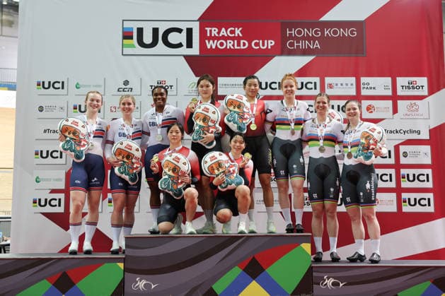 UCI Track World Cup: Hong Kong Picture by Alex Whitehead SWpix.com - 17 04 2026 - Cycling - UCI Track World Cup: Hong Kong - Hong Kong Velodrome, Tseung Kwan O, Hong Kong, China - Women™s Team Sprint - Podium - Xuehuang Luo (China), Liying Yuan (China), Lijuan Wang (China) Mengqi Tong (China) receiving the Gold Medal, Lauren Bell (Great Britain), Emma Finucane (Great Britain) Rhianna Parris-Smith (Great Britain) receiving the Silver Medal and Hetty Van De Wouw (Netherlands), Steffie Van Der Peet (Netherlands), Kimberly Kalee (Netherlands) receiving the Bronze Medal Hong Kong Hong Kong Velodrome Hong Kong SAR, CHINA Copyright: x xSWpix.comx(t axPhotographyxHubxLtd)xAlexxWhitehead SWpix.comx SWP-3030-12721