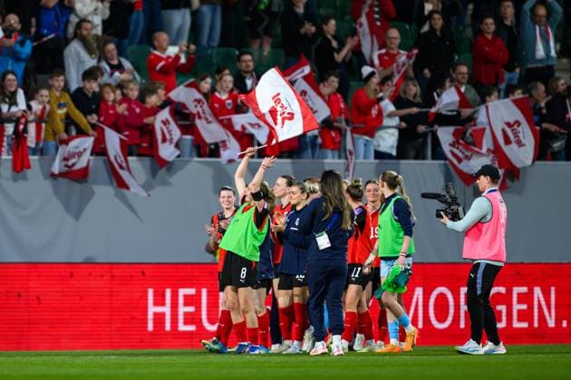 WOMEN SOCCER - FIFA World Cup, WM, Weltmeisterschaft, Fussball 2027, quali, AUT vs GER RIED,AUSTRIA,18.APR.26 - WOMEN SOCCER - FIFA Women s World Cup 2027, european qualifiers, OEFB international match, Länderspiel, Nationalmannschaft Austria vs Germany. Image shows the rejoicing of AUT. GEPAxpictures xChristianxMoser