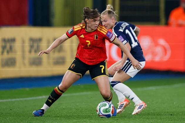 Hannah Eurlings of Belgium Women on the ball Belgium Women v Scotland Women, FIFA 2027 Women s World Cup Qualifying, Football, The King Power At Den Dreef Stadium, Leuven, Belgium - 18 Apr 2026Leuven The King Power At Den Dreef Stad Belgium EDITORIAL USE ONLY No use with unauthorised audio, video, data, fixture lists, club league logos or live services. Online in-match use limited to 120 images, no video emulation. No use in betting, games or single club league player publications. Copyright: xMauricexvanxSteen Shutterstockx 16832024q