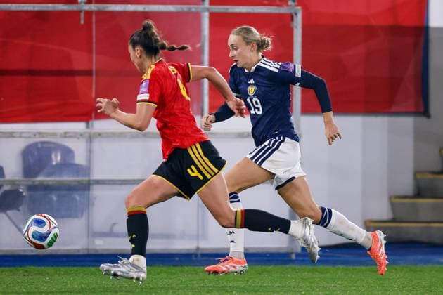 Lauren Davidson of Scotland Women runs after the ball Belgium Women v Scotland Women, FIFA 2027 Women s World Cup Qualifying, Football, The King Power At Den Dreef Stadium, Leuven, Belgium - 18 Apr 2026Leuven The King Power At Den Dreef Stad Belgium EDITORIAL USE ONLY No use with unauthorised audio, video, data, fixture lists, club league logos or live services. Online in-match use limited to 120 images, no video emulation. No use in betting, games or single club league player publications. Copyright: xMauricexvanxSteen Shutterstockx 16832024aw