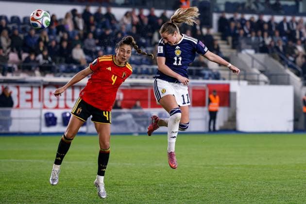 Kathleen McGovern of Scotland Women heads towards goal Belgium Women v Scotland Women, FIFA 2027 Women s World Cup Qualifying, Football, The King Power At Den Dreef Stadium, Leuven, Belgium - 18 Apr 2026Leuven The King Power At Den Dreef Stad Belgium EDITORIAL USE ONLY No use with unauthorised audio, video, data, fixture lists, club league logos or live services. Online in-match use limited to 120 images, no video emulation. No use in betting, games or single club league player publications. Copyright: xMauricexvanxSteen Shutterstockx 16832024bl