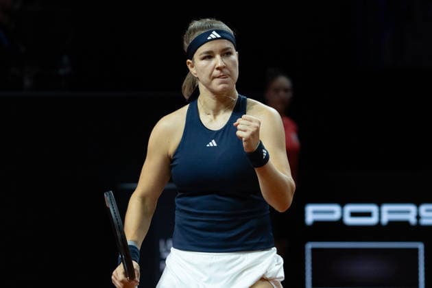 Karolina Muchova CZE in picture, cheering, joy, emotion, gesture, GER, Elena Rybakina vs Karolina Muchova, Tennis, ATP Tournament, WTA 500, Porsche Tennis Grand Prix, Final, 19 04 2026, GER, Elena Rybakina vs Karolina Muchova, Tennis, ATP Tournament, WTA 500, Porsche Tennis Grand Prix, Final, 19 04 2026, Stuttgart Copyright: xEibner-Pressefoto EdwardxCheungx EP_ECG