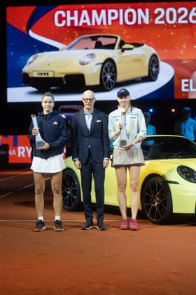 Left Karolina Muchova CZE with trophy, in the middle Dr Michael Leiters CEO Porsche AG , winner Elena Rybakina KAZ right in the picture with winner trophy in front of Porsche 911, GER, Elena Rybakina vs Karolina Muchova, Tennis, ATP Tournament, WTA 500, Porsche Tennis Grand Prix, Final, 19 04 2026, GER, Elena Rybakina vs Karolina Muchova, Tennis, ATP Tournament, WTA 500, Porsche Tennis Grand Prix, Final, 19 04 2026, Stuttgart Copyright: xEibner-Pressefoto EdwardxCheungx EP_ECG