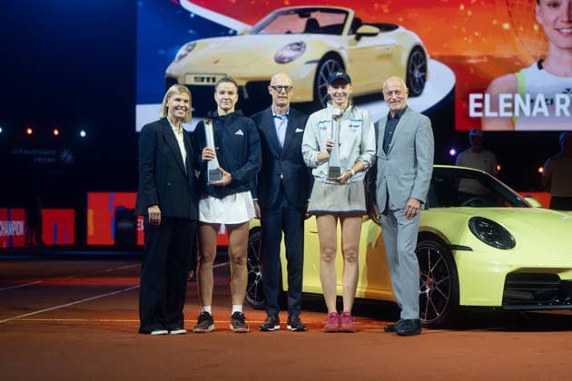 Anke Huber tournament organizer on the left in the picture, to the right Karolina Muchova CZE with trophy, in the middle Dr Michael Leiters CEO Porsche AG, winner Elena Rybakina KAZ to the right with winner trophy in front of Porsche 911, to the right Markus Günthardt tournament organizer , GER, Elena Rybakina vs Karolina Muchova, Tennis, ATP Tournament, WTA 500, Porsche Tennis Grand Prix, Final, 19 04 2026, GER, Elena Rybakina vs Karolina Muchova, Tennis, ATP Tournament, WTA 500, Porsche Tennis Grand Prix, Final, 19 04 2026, Stuttgart Copyright: xEibner-Pressefoto EdwardxCheungx EP_ECG