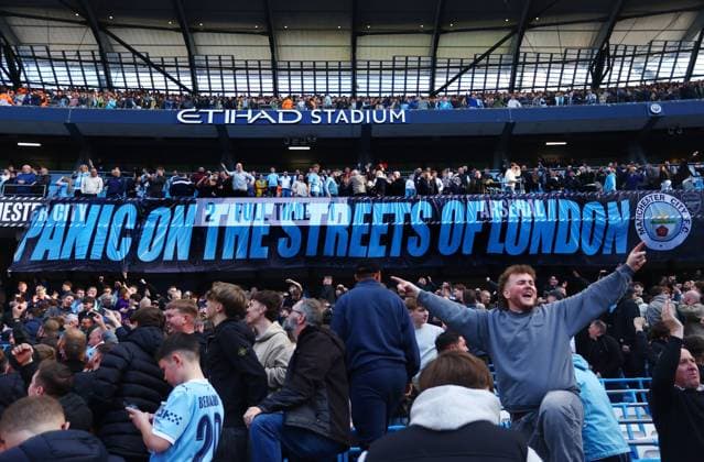 Manchester City fans display a panic on the streets of London banner at the end of the match Manchester City v Arsenal, Premier League, Football, Etihad Stadium, Manchester, UK - 19 Apr 2026Manchester Etihad Stadium United Kingdom EDITORIAL USE ONLY No use with unauthorised audio, video, data, fixture lists, club league logos or live services. Online in-match use limited to 120 images, no video emulation. No use in betting, games or single club league player publications. Copyright: xMattxWest Shutterstockx 16836204dc