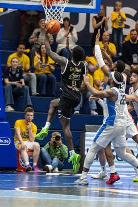 GER, ENBL VIMODROM Final 4, Semifinal 2, SYNTAINICS MBC Manchester Basketball 22 04 2026, Stadthalle, Weißenfels, GER, ENBL VIMODROM Final 4, Semifinal 2, SYNTAINICS MBC Manchester Basketball Khyri Thomas Syntainics MBC, 0 Â Photo Alexander Trienitz Weißenfels Stadthalle Sachsen Anhalt Germany