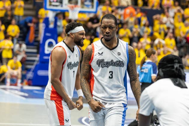 GER, ENBL VIMODROM Final 4, Semifinal 2, SYNTAINICS MBC Manchester Basketball 22 04 2026, Stadthalle, Weißenfels, GER, ENBL VIMODROM Final 4, Semifinal 2, SYNTAINICS MBC Manchester Basketball Gabe Osabuohien Manchester Basketball, 3 and Zak Irvin Manchester Basketball, 7 are happy about the victory  Photo Alexander Trienitz Weißenfels Stadthalle Sachsen Anhalt Germany
