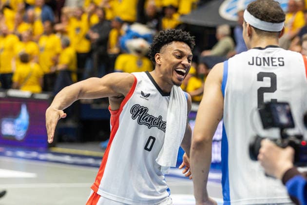 GER, ENBL VIMODROM Final 4, Semi-Final 2, SYNTAINICS MBC Manchester Basketball 22 04 2026, Stadthalle, Weißenfels, GER, ENBL VIMODROM Final 4, Semi-Final 2, SYNTAINICS MBC Manchester Basketball Pjay Smith Jr Manchester Basketball, 0 and Max Jones Manchester Basketball, 2 are happy about the victory  Photo Alexander Trienitz Weißenfels Stadthalle Sachsen Anhalt Germany