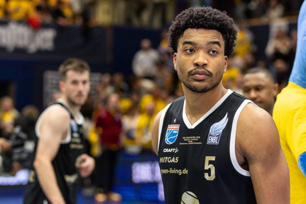 GER, ENBL VIMODROM Final 4, Semi-Final 2, SYNTAINICS MBC Manchester Basketball 22 04 2026, Stadthalle, Weißenfels, GER, ENBL VIMODROM Final 4, Semi-Final 2, SYNTAINICS MBC Manchester Basketball Marcus Foster Syntainics MBC, 5 disappointed  Photo Alexander Trienitz Weißenfels Stadthalle Sachsen Anhalt Germany