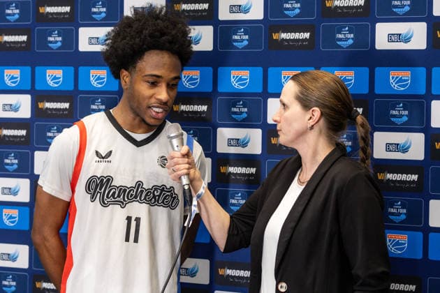 GER, ENBL VIMODROM Final 4, Semifinal 2, SYNTAINICS MBC Manchester Basketball 22 04 2026, Stadthalle, Weißenfels, GER, ENBL VIMODROM Final 4, Semifinal 2, SYNTAINICS MBC Manchester Basketball Akeem Vargas Syntainics MBC, 11 at the interview  Photo Alexander Trienitz Weißenfels Stadthalle Sachsen Anhalt Germany