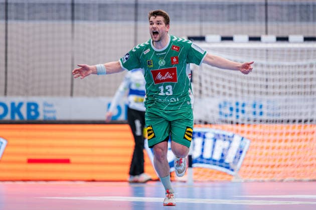 Ian Weber GWD Minden, 13 in jubilation GER, GWD Minden vs ThSV Eisenach, Handball, 1 Bundesliga, Matchday 29, Season 2025 2026, 24 04 2026 GER, GWD Minden vs ThSV Eisenach, Handball, 1 Bundesliga, Matchday 29, Season 2025 2026, 24 04 2026 Minden Copyright: xEibner-Pressefoto JanxRollingerx EP_JSK