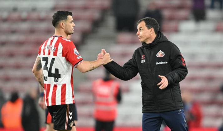 Manager Regis Le Bris of Sunderland and Captain Granit Xhaka look dejected as they shake hands after the game Sunderland v Nottingham Forest, Premier League, Football, Stadium of Light, Sunderland, UK - 24 Apr 2026Sunderland Stadium of Light United Kingdom EDITORIAL USE ONLY No use with unauthorised audio, video, data, fixture lists, club league logos or live services. Online in-match use limited to 120 images, no video emulation. No use in betting, games or single club league player publications. Copyright: xGreigxCowie Shutterstockx 16837541ci