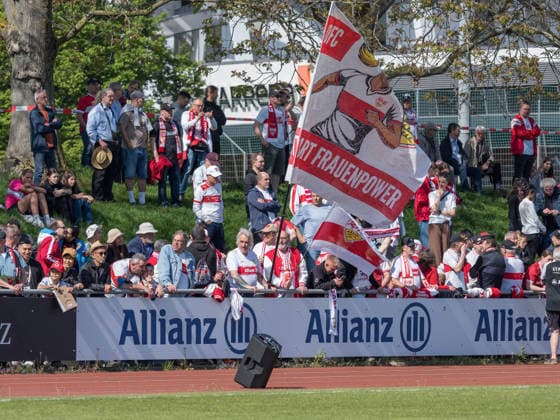 VfB Stuttgart fans with womens flag GER, VfB Stuttgart vs SV Meppen, Football, 2 Womens Bundesliga, Matchday 23, Season 2025 2026, 26 04 2026 GER, VfB Stuttgart vs SV Meppen, Football, 2 Womens Bundesliga, Matchday 23, Season 2025 2026, 26 04 2026 Stuttgart Copyright: xEibner-Pressefoto CarstenxSchwerx EP_CSG
