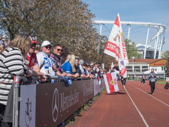 VfB fans with womens flag and MHP Arena in the background GER, VfB Stuttgart vs SV Meppen, Football, 2 Womens Bundesliga, Matchday 23, Season 2025 2026, 26 04 2026 GER, VfB Stuttgart vs SV Meppen, Football, 2 Womens Bundesliga, Matchday 23, Season 2025 2026, 26 04 2026 Stuttgart Copyright: xEibner-Pressefoto CarstenxSchwerx EP_CSG