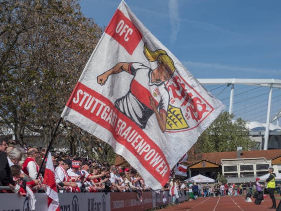 Flag VfB Stuttgart Frauenpower and VfB Stuttgart Fans GER, VfB Stuttgart vs SV Meppen, Football, 2 Womens Bundesliga, Matchday 23, Season 2025 2026, 26 04 2026 GER, VfB Stuttgart vs SV Meppen, Football, 2 Womens Bundesliga, Matchday 23, Season 2025 2026, 26 04 2026 Stuttgart Copyright: xEibner-Pressefoto CarstenxSchwerx EP_CSG