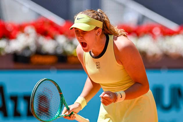 April 28, 2026, Madrid, Madrid, Spain: MIRRA ANDREEVA of Russian †WILSON celebrates a point during the Mutua Madrid Open 2026, ATP, Tennis Herren Masters 1000 and WTA, Tennis Damen 1000 tennis tournament, celebrated at Caja Magica on April 28, 2026 in Madrid, Spain. Madrid Spain - ZUMAc312 20260428_zsp_c312_196 Copyright: xOscarxManuelxSanchezx