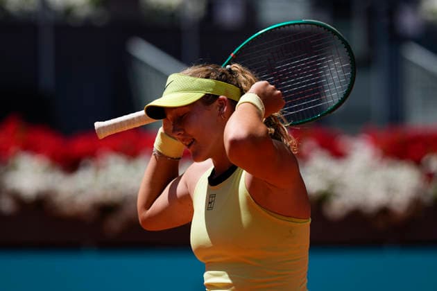 April 28, 2026, Madrid, Madrid, Spain: Mirra Andreeva of Russia reacts after winning against Leylah Fernandez of Canada during the Mutua Madrid Open 2026, ATP, Tennis Herren Masters 1000 and WTA, Tennis Damen 1000, at La Caja Magica on April 28, 2026 in Madrid, Spain. Madrid Spain - ZUMAa181 20260428_zaa_a181_206 Copyright: xOscarxJ.xBarrosox