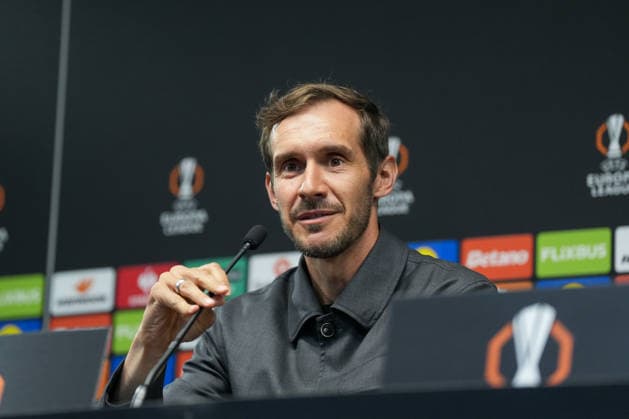 Julian Schuster SC Freiburg, coach press conference, press, PK, Portugal, football, UEFA Europa League, semi-final, first leg, 2025 2026, SC Braga vs SC Freiburg, 29 04 2026, Estadio Municipal de Braga, Braga, Braga Estadio Municipal de Braga Cavado Portugal Copyright: xArnexAmbergx