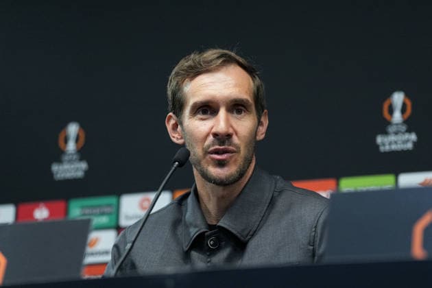 Julian Schuster SC Freiburg, coach press conference, press, PK, Portugal, football, UEFA Europa League, semi-final, first leg, 2025 2026, SC Braga vs SC Freiburg, 29 04 2026, Estadio Municipal de Braga, Braga, Braga Estadio Municipal de Braga Cavado Portugal Copyright: xArnexAmbergx
