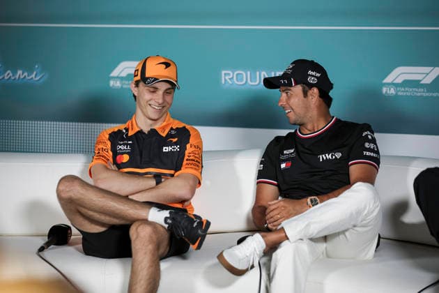 F1 - MIAMI GRAND PRIX 2026 PIASTRI Oscar (aus), McLaren F1 Team MCL40, portrait PEREZ Sergio (mex), Cadillac F1 Team MAC-26, portrait press conference, PK, Pressekonferenz during the Formula 1 Miami Grand Prix 2026, 4th round of the 2026 Formula One World Championship, WM, Weltmeisterschaft from May 1 to 3, 2026 on the Miami International Autodrome, in Miami Gardens, USA - Miami GardensUnited States Copyright: xXavixBonillax