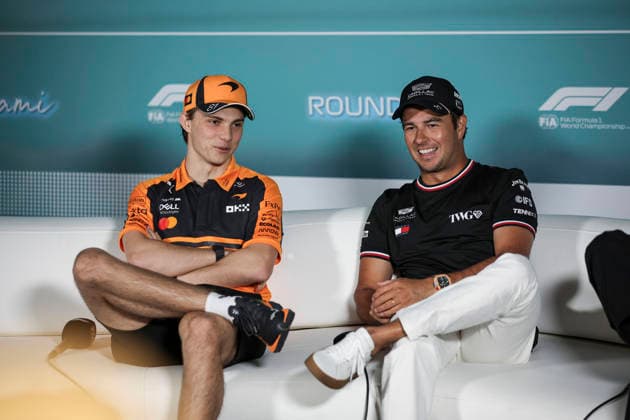 F1 - MIAMI GRAND PRIX 2026 PIASTRI Oscar (aus), McLaren F1 Team MCL40, portrait PEREZ Sergio (mex), Cadillac F1 Team MAC-26, portrait press conference, PK, Pressekonferenz during the Formula 1 Miami Grand Prix 2026, 4th round of the 2026 Formula One World Championship, WM, Weltmeisterschaft from May 1 to 3, 2026 on the Miami International Autodrome, in Miami Gardens, USA - Miami GardensUnited States Copyright: xXavixBonillax