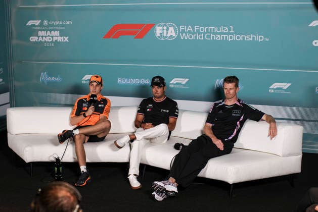 F1 - MIAMI GRAND PRIX 2026 PIASTRI Oscar (aus), McLaren F1 Team MCL40, portrait PEREZ Sergio (mex), Cadillac F1 Team MAC-26, portrait HULKENBERG Nico (ger), Audi F1 Team R26, portrait press conference, PK, Pressekonferenz during the Formula 1 Miami Grand Prix 2026, 4th round of the 2026 Formula One World Championship, WM, Weltmeisterschaft from May 1 to 3, 2026 on the Miami International Autodrome, in Miami Gardens, USA - Miami GardensUnited States Copyright: xXavixBonillax