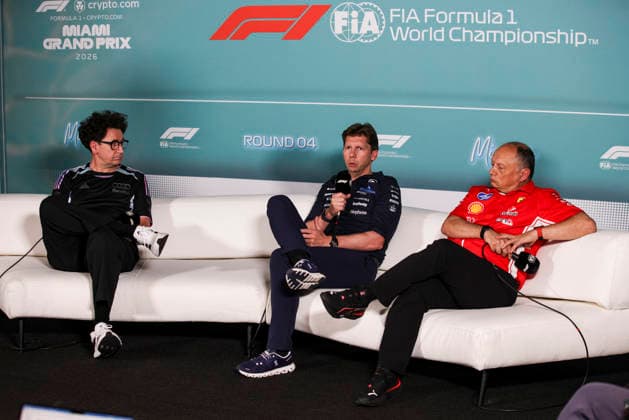 F1 - MIAMI GRAND PRIX 2026 BINOTTO Mattia (ita), Team Principal of Audi F1 Team, portrait VOWLES James, Team Principal of Williams F1 Team, portrait VASSEUR Frà dà ric (fra), Team Principal & General Manager of the Scuderia Ferrari, portrait press conference, PK, Pressekonferenz during the Formula 1 Miami Grand Prix 2026, 4th round of the 2026 Formula One World Championship, WM, Weltmeisterschaft from May 1 to 3, 2026 on the Miami International Autodrome, in Miami Gardens, USA - Miami GardensUnited States Copyright: xXavixBonillax