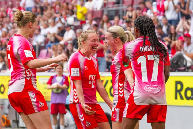 02 05 2026, xydrx, Women, Soccer, 1 Women Bundesliga, 1 FC Köln SV Werder Bremen, Season 2025 2026, RheinEnergieSTADION Goal celebration after the goal to 3 0 for FC Köln by scorer Sandra Maria Jessen FC Köln, 6 together with Anna Lena Stolze FC Köln, 7 and Lydia Andrade FC Köln, 17 DFB regulations prohibit any use of photographs as image sequences and or quasi video Copyright: HMBxMedia YannisxDreimann