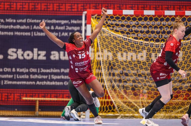 GER, Bensheim, HSG Bensheim Auerbach Flames vs Borussia Dortmund, Alsco Handball Bundesliga Frauen, Handball, DHB, Season 2025 2026, Weststadthalle Bensheim, Playoff semi-final, 2 Game in picture Ndidi Agwunedu HSG Bensheim Auerbach Flames Women 15 , Cheers, joy and emotions after the goal DFB DFL REGULATIONS PROHIBIT ANY USE OF PHOTOGRAPHS AS IMAGE SEQUENCES AND OR QUASI VIDEO, 02 05 2026 Copyright: HMBxMedia HendrikxHamelau
